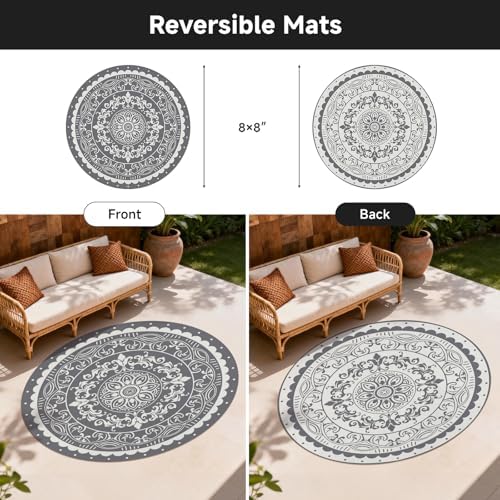 Pauwer Waterproof Outdoor Rug 8ft, Plastic Straw Patio Mat, Paisley Grey - Image 2