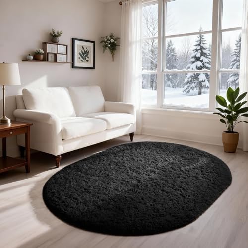 Ophanie 3x5 Oval Black Rugs for College Dorm, Bedroom Small Area Rug, Non-Slip Fluffy Shaggy Bedside Soft Shag Fuzzy Plush Carpet for Kids Boys Teen Home Decor Aesthetic with Over 99 pcs Pile fibers by Ophanie