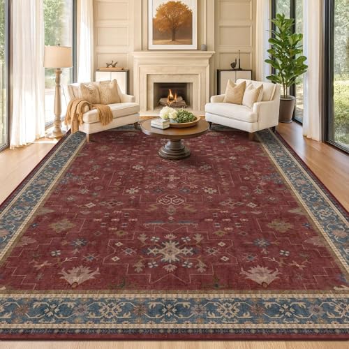 Hazo Haus Oriental 8x12 Large Area Rugs for Living Room - Burgundy Rug for Bedroom Under Bed, Dining Room Under Kitchen Table, Washable Soft Non Slip Unique Indoor Décor by HazoHaus