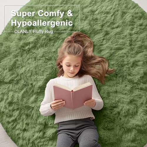 OLANLY Green Round Rugs for Bedroom - Machine Washable, 6 ft Circle Area Rugs for Living Room, Soft and Fluffy Shaggy Carpet for Teen Girl and Boys, Nursery Rooms, Dorms, Home Decor Aesthetic - Image 6