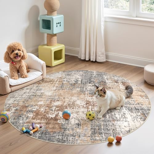 DMOYEST 5ft Round Area Rug Living Room Rugs - 5x5 Washable Large Soft Indoor Neutral Modern Abstract Low Pile Rug Carpet for Bedroom Dining Room Farmhouse Home Office - Grey Brown - Image 5