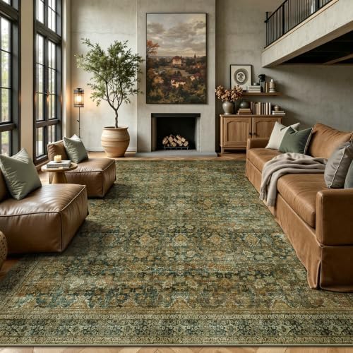 8x10 Area Rugs for Living Room - Washable Vintage Retro Large Rug, Soft Ultra Thin Non Slip Low Pile Traditional Distressed Boho Carpet for Bedroom Dining Room Home Office, Brown Green by Yarooge