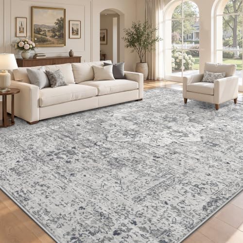 Zomfy 8x10 Area Rugs Washable Rug: Boho Vintage Rug Large Non-Slip Soft Rugs for Living Room Low Pile Retro Medallion Indoor Carpet for Bedroom Nursery Dining Room Dorm Farmhouse Office(Grey, 8'x10') by ZomfyRugs