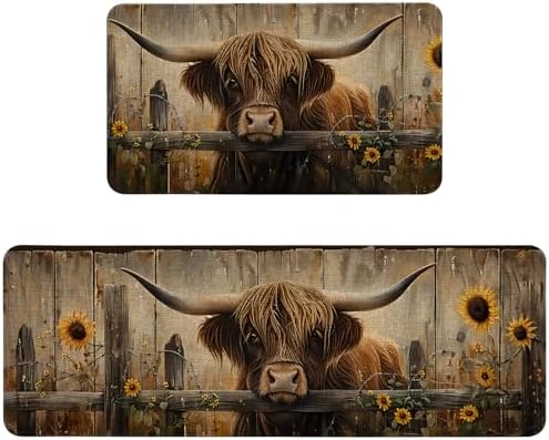 Farmhouse Kitchen Rugs Sets of 2 Non Slip Washable, Country Rustic Brown Highland Cow Kitchen Mats for Floor 2 Piece Home Decor by Unknown