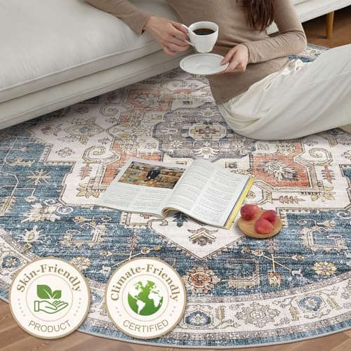 6ft Round Rug: Washable Vintage Blue Area Rugs for Living Room - Image 6