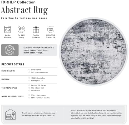 Round Area Rug Living Room: 4 ft Modern Washable Carpet Grey - Image 2