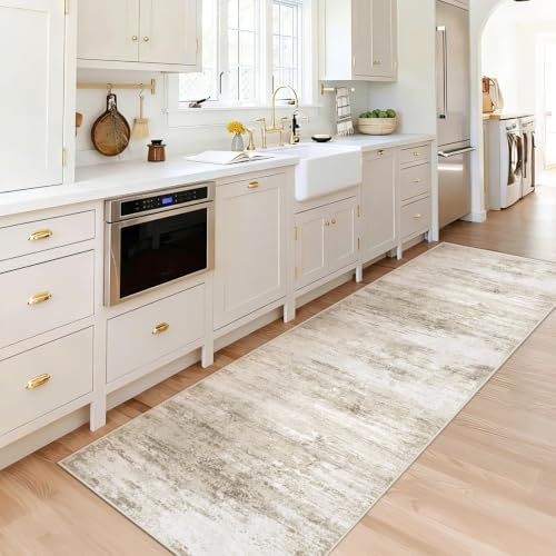 Washable 2x6 Runner Rug for Hallway: Kitchen Runner Non Slip Neutral Soft Abstract Modern Low Pile Stain Resistant Carpet Runner for Bedroom Beside Entryway Bathroom Laundry Indoor (Beige, 2'x6') - Image 2