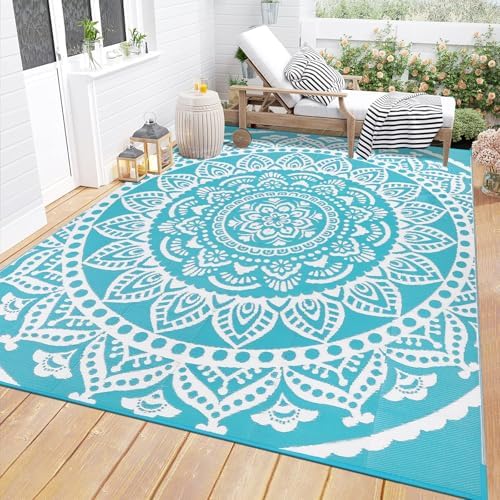 Bsmathom Waterproof Outdoor Rug 5'x8' Reversible Boho Plastic Straw Patio Deck Camping Rugs, Indoor Outdoor Portable RV Mat Clearance Carpet for Outside, Porch, Balcony, Backyard, Beach, Pool,Teal by Bsmathom