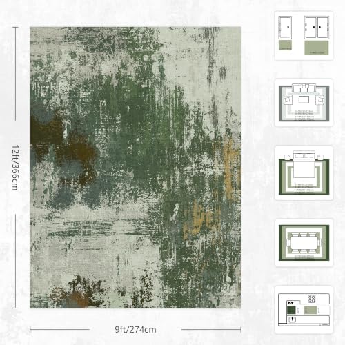 9x12 Rugs for Living Room - Modern Abstract Washable Rug, Ultra Soft Non Slip Low Pile Large Rugs, Floor Carpet for Bedroom Dining Room Office Laundry Nursery Home(Green) - Image 2