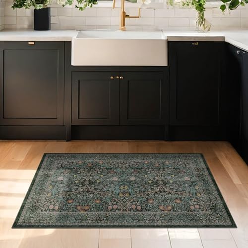 Dark Green Washable Entry Rug - Front Door Throw Rugs Indoor, Non-Slip Bathroom Small Rugs, Vintage Floral Thin Rug for Kitchen, Boho Entryway Décor (2x3 Dark Green) - Image 6