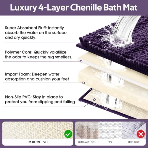 Striped Eggplant Purple Bathroom Rug Set 3 Pieces Ultra Soft, Non Slip Chenille Bath Carpet, Absorbent Plush Shaggy Bath Mats for Bathroom, Toilet, Bedroom, Kitchen - Image 5