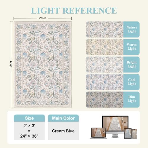 DUKINO 2x3 Rug, Washable Vintage Floral Bathroom Rugs Non Slip, Cream Blue - Image 2