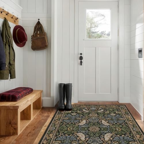 Washable 4x6 Area Rug for Living Room - Soft Moody Rug for Kitchen, Office, Large Entryway, Rustic Botanical Decor, Non-Slip Low Pile Dark Green and Brown Ultra Soft Bird Carpet - Image 6