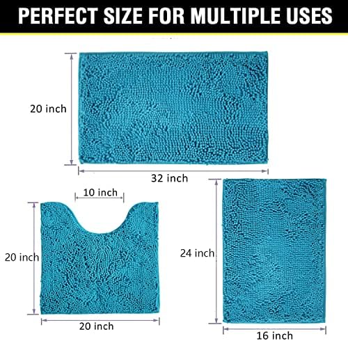 Bathroom Rugs Chenille 3-Piece Extra Soft and Absorbent Shag Bathroom Rugs, Machine Wash Mat, Strong PVC Non-Slip Underside, Plush Carpet Mats (Turquoise) - Image 2
