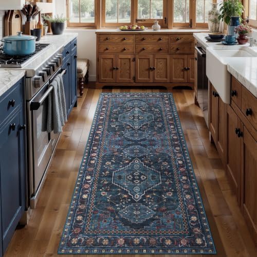 Tangsoo Vintage Blue 2x6 Washable Runner Rug for Hallways, Non Slip Hallway Rugs, Oriental Soft Low Pile Long Rug Carpet Runners for Kitchen Bedroom Entryway Bathroom Living Room Home Decor by Tangsoo