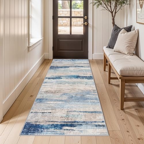 Kitchen Washable 3x6 Runner Rug - Modern Abstract Non Slip Light Weight Runner Rugs for Small Homes Stain Resistant Hallway Bedroom Carpet Indoor Home Decor Floor Mat for Laundry Bathroom 3x6 Blue - Image 3