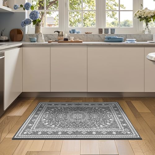 Lessymo 2 x 3 Entryway Rug, Machine Washable Boho Indoor Mat, Grey White - Image 3