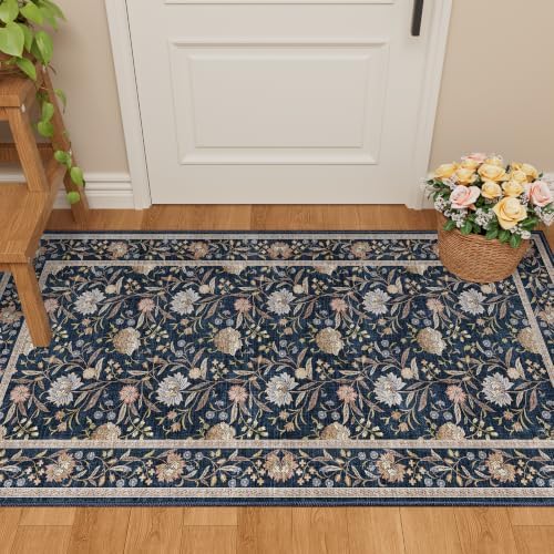 DUKINO 2x4 Rug, Washable Vintage Floral Entryway Rug Non Slip, Navy Blue - Image 5