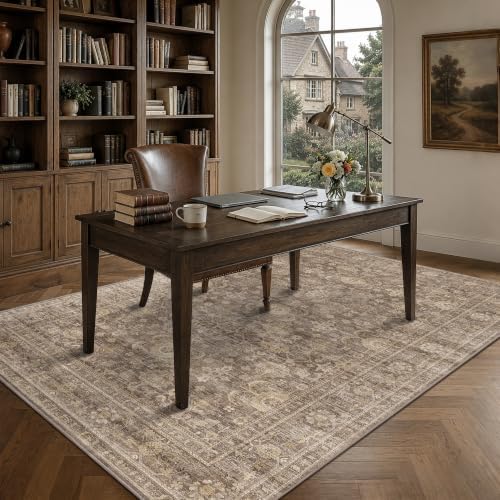 JOOJA 4x6 Neutral Tan Vintage Boho Washable Area Rug, Low Pile Soft Rug by JOOJA