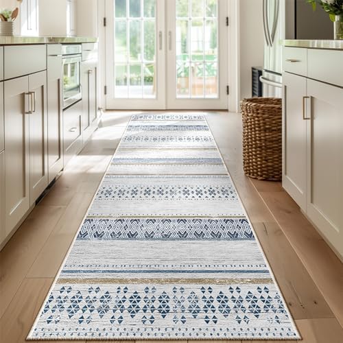 2x8 Washable Area Rugs for Living Room Boho Runner Rug Blue/Brown by BESTSWEETIE