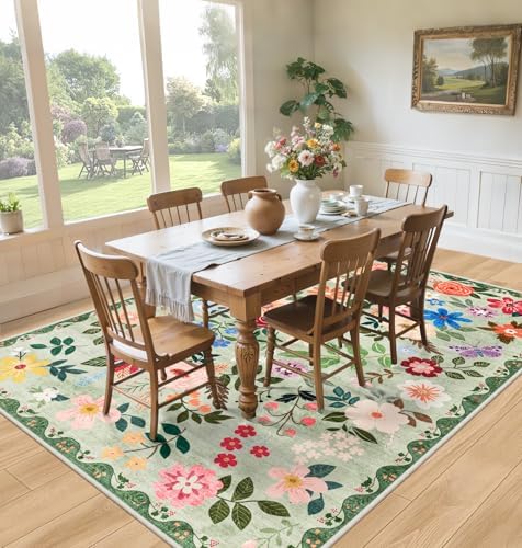 PLHXFR Area Rug 10x14 Living Room: Floral Washable Boho Soft Carpet Green - Image 4