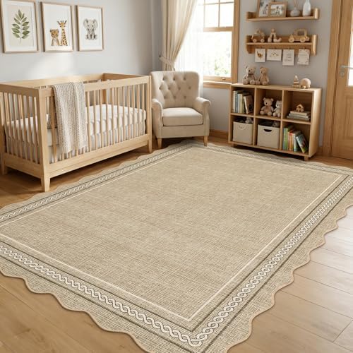 GarveeHome Scalloped Washable 8x10 Area Rug for Living Room Non Slip, Jute - Image 2