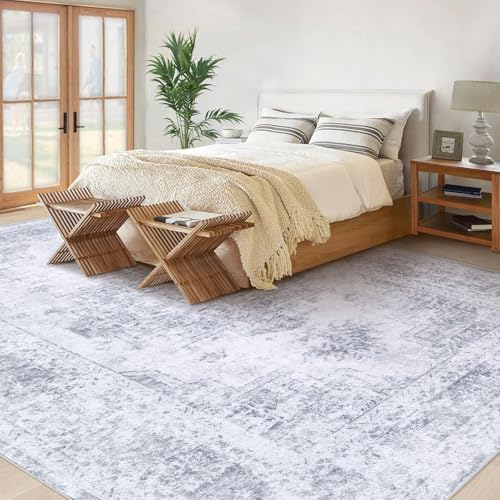 XLUEZ Area Rug 10x12 Living Room Rugs, Machine Washable Vintage Distressed Medallion Rug Non-Slip Soft Low Pile Large Indoor Rugs for Bedroom Kitchen Dining Room Office(Light Grey,10'x12') - Image 3