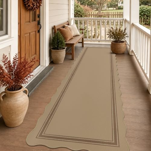 Easy Jute Kitchen Runner 2.6x10 Kitchen Runner Rug Washable Non Slip Outdoor Rug for Entryway Farmhouse Neutral Low Pile Scalloped Carpet for Hallyway Proch Doorway - Image 2