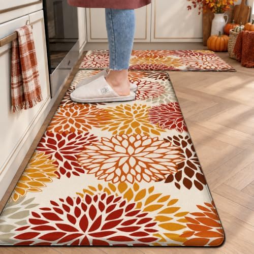 Orange Fall Kitchen Mats for Floor, Cushioned Anti Fatigue Memory Foam Kitchen Rugs Set of 2, Non Slip Waterproof Kitchen Runner Floor Mat, Comfort Standing Mat for Sink, Laundry, Autumn Home Decor by tubeamin
