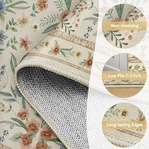 Beige Floral Washable Rug 7x9 – Large Vintage Boho Non-Slip Carpet, Soft Low Pile Thin Stain Resistant Area Rug for Living Room, Bedroom, Dining Room, Nursery, Farmhouse, Home Office - Image 5