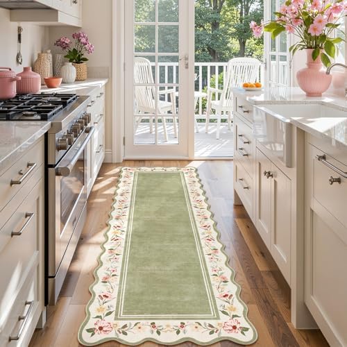Lahome Floral 2'x 6' Washable Kitchen Runner Rug, Green Bathroom Runner Rug - Image 3