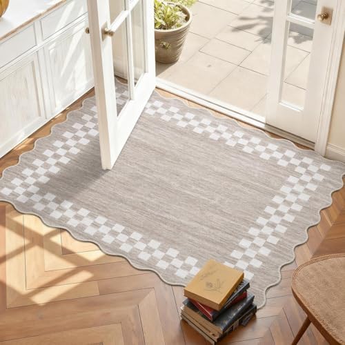 Small Area Rug 2x3 Modern Checkered Entry Rug Solid Color Scalloped Kitchen Rugs Washable Bedroom Doormat Non Slip Stain Resistant Bordered Throw Carpet for Living Room Nursery Laundry, Fog - Image 3