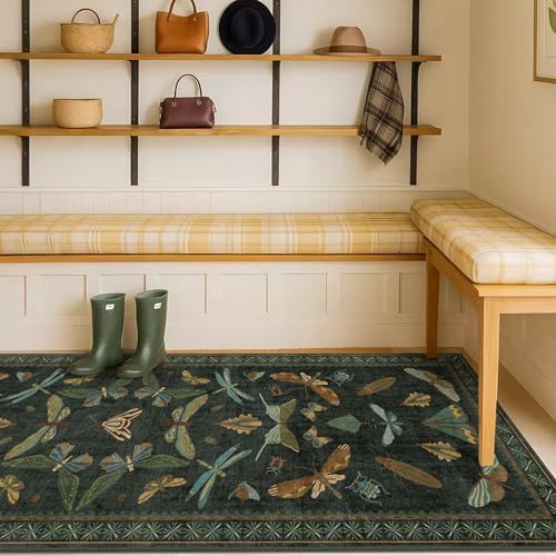 Washable Insect 2x8 Long Runner Rug for Hallway - Stain Resistant Kitchen Rug Non Slip, Indoor Floor Mats for Entryway with Nature Butterfly Design, Low Pile & Soft (Dark Green) - Image 3