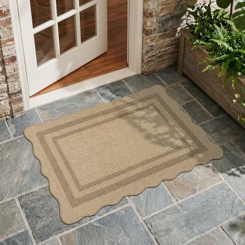 LIVEBOX Scalloped Easy Jute Kitchen Rug, 2x3 Front Door Mat Indoor Outdoor Small Entryway Rug, Washable Non Slip Farmhouse Area Rug, Tan Neutral Modern Carpet Outdoor Doormat for Porch Doorway Foyer - Image 2
