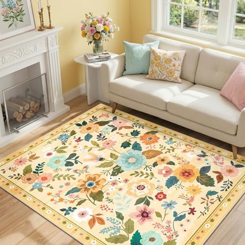 RELEANY Floral Washable 3x5 Area Rugs Yellow/Orange - Image 2