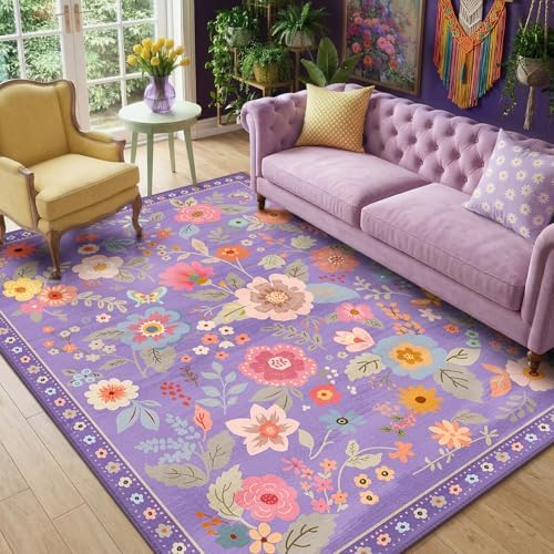RELEANY Floral Washable 5x7 Area Rugs Purple/Pink by RELEANY