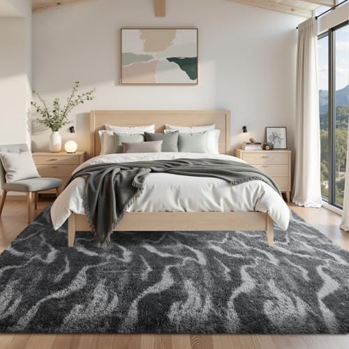 Area Rugs for Living Room 8x10 Feet, Soft Fluffy Shagg Plush Bedroom Rug Non-Slip,Large Carpet for Nursery Kids Dorm Home Decor Wavy Grey - Image 3