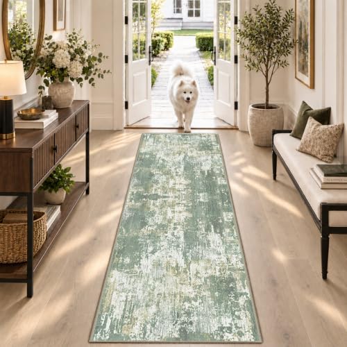 RELEANY Washable Runner 2'x6' Abstract Area Rug for Hallway Light Green by RELEANY