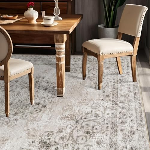 Area Rug 5x7 Vintage Rug: Washable Indoor Medallion Rugs Low Pile Distressed Floor Carpet Retro Accent Rug for Living Room Bedroom Kitchen Dining Table Home Office(Distressed Taupe, 5'x7') - Image 3