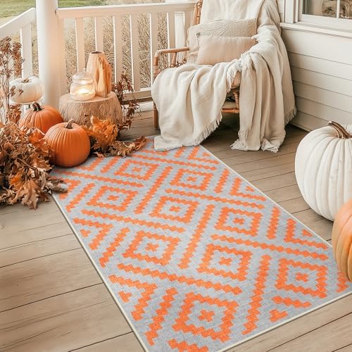 GENIMO Fall Decor Outdoor Rug 3'x5' for Porch, Plastic Door Mat Orange Grey - Image 4