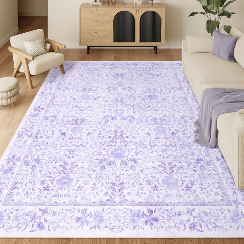 DUKINO 8x10 Area Rugs, Vintage Floral Washable Rug for Living Room, Purple by DUKINO