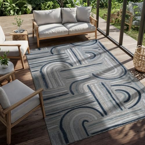 CAMILSON Indoor Outdoor Rug, Blue 5x7 Geometric Arch Striped Area Rugs for Patio and Home Areas, Easy-Cleaning Non-Shedding Living Room, Garden and Deck Washable Outside Carpet (5 x 7) - Image 6