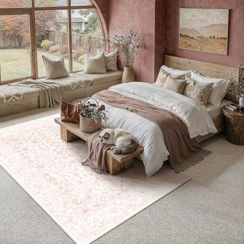 PureCozy 5x7 Pink Area Rug Washable Non Slip Vintage Living Room Carpet - Image 3