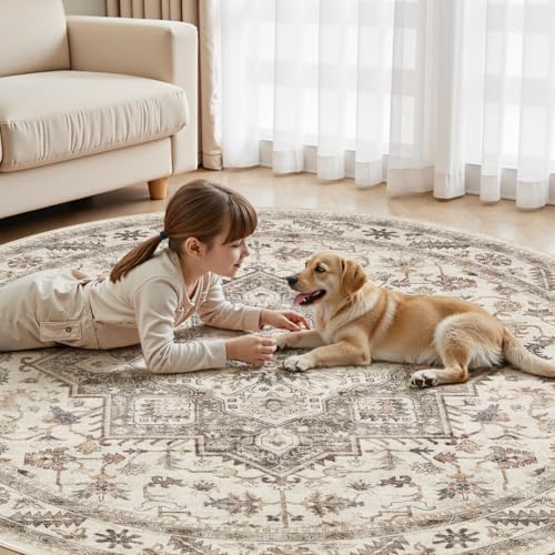 cotiled 8ft Round Living Room Area Rug, Washable, Traditional, Light Brown - Image 6