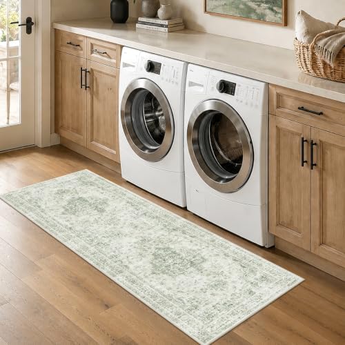 2x6 Washable Kitchen Runner Rug Non-Slip Medallion Green Throw Carpet - Image 4