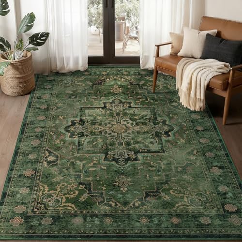 Vintage Dark Green Area Rugs 5x7 for Living Room, Tranditional Distressed Medallion Printed Low Pile Thin Rugs for Bedroom, Non Slip Washable Carpet Rugs for Dining Room/Kitchen/Home Office by Jainmy