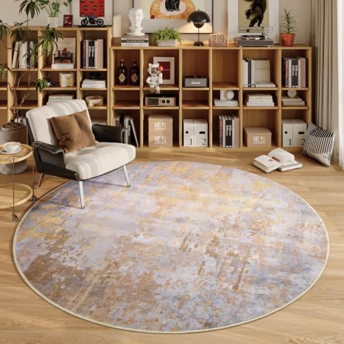 Beige Gold Round Area Rugs 4ft Washable Circle Rug for Entryway Kitchen, Non Slip Soft Low Pile Stain Resistant, Boho Circular Carpet for Living Room Bedroom Dorm Dining Room Table, Abstract Tan by Acapet