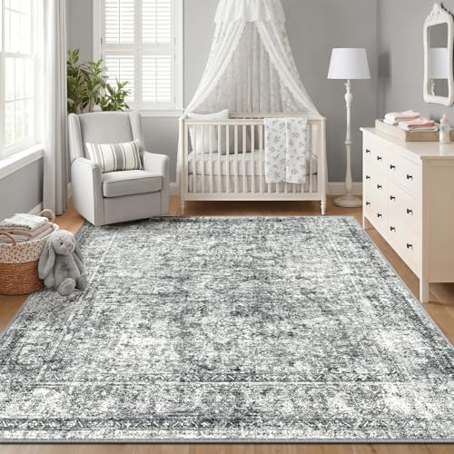 CAPALOCA Square 6ft Washable Nursery Girls Low Pile Area Rug Grey - Image 3