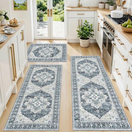 Kitchen Mats for Floor 3 Piece Set: Non-Slip Washable Boho Area Rugs and Runner for Sink,Entryway,Bathroom Soft Low Pile Throw Rugs Floor Carpet for Laundry, Hallways,Entrance(Blue,2x3+2x4+2x5) by YOUFORTONG