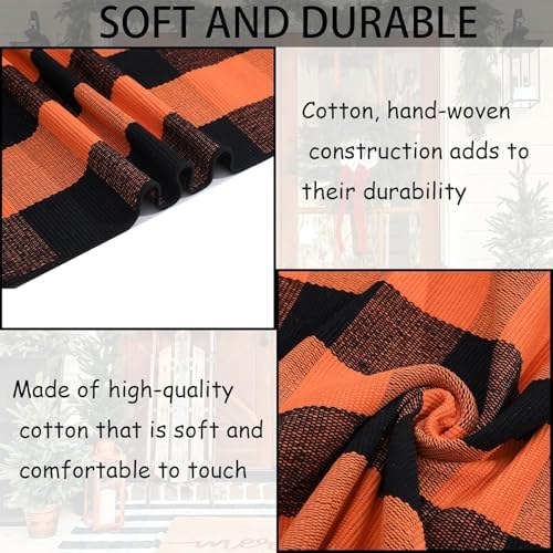 Orange and Black Plaid Rug, 24'' x 51'' Fall Outdoor Front Door Decor Mat, Cotton Washable Hand-Woven Rug for Layered Doormat, Autumn Halloween Thanksgiving Carpet for Porch, Entryway - Image 3
